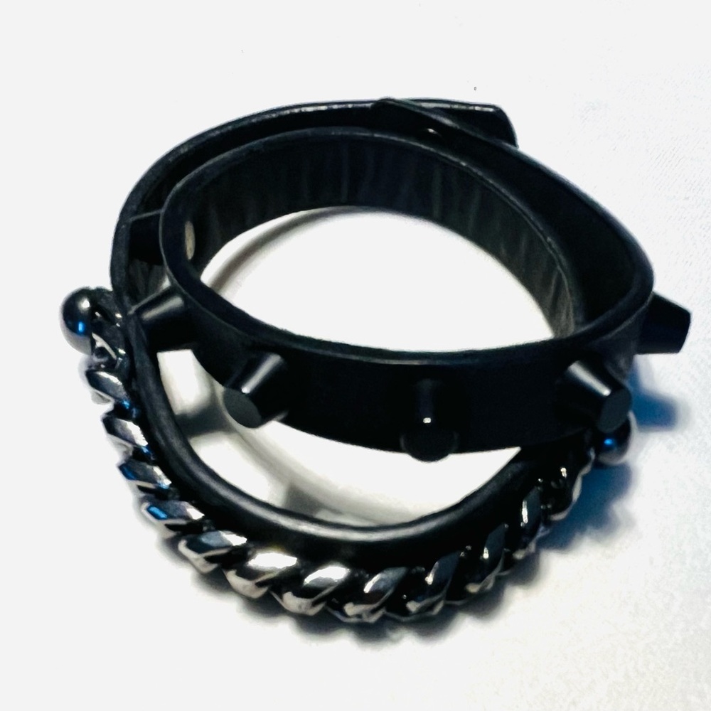 Edgy Black leather Bracelet with black Studs dark silver tone metal Chain accent